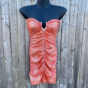 Women’s super sexy strapless orange and metallic silver leopard print mini dress